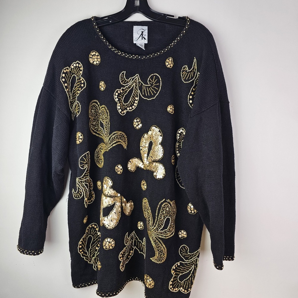 JK America Womens Vintage Black Gold Fleur de Lis Mardi Gras Sweater 22 24 Knit
